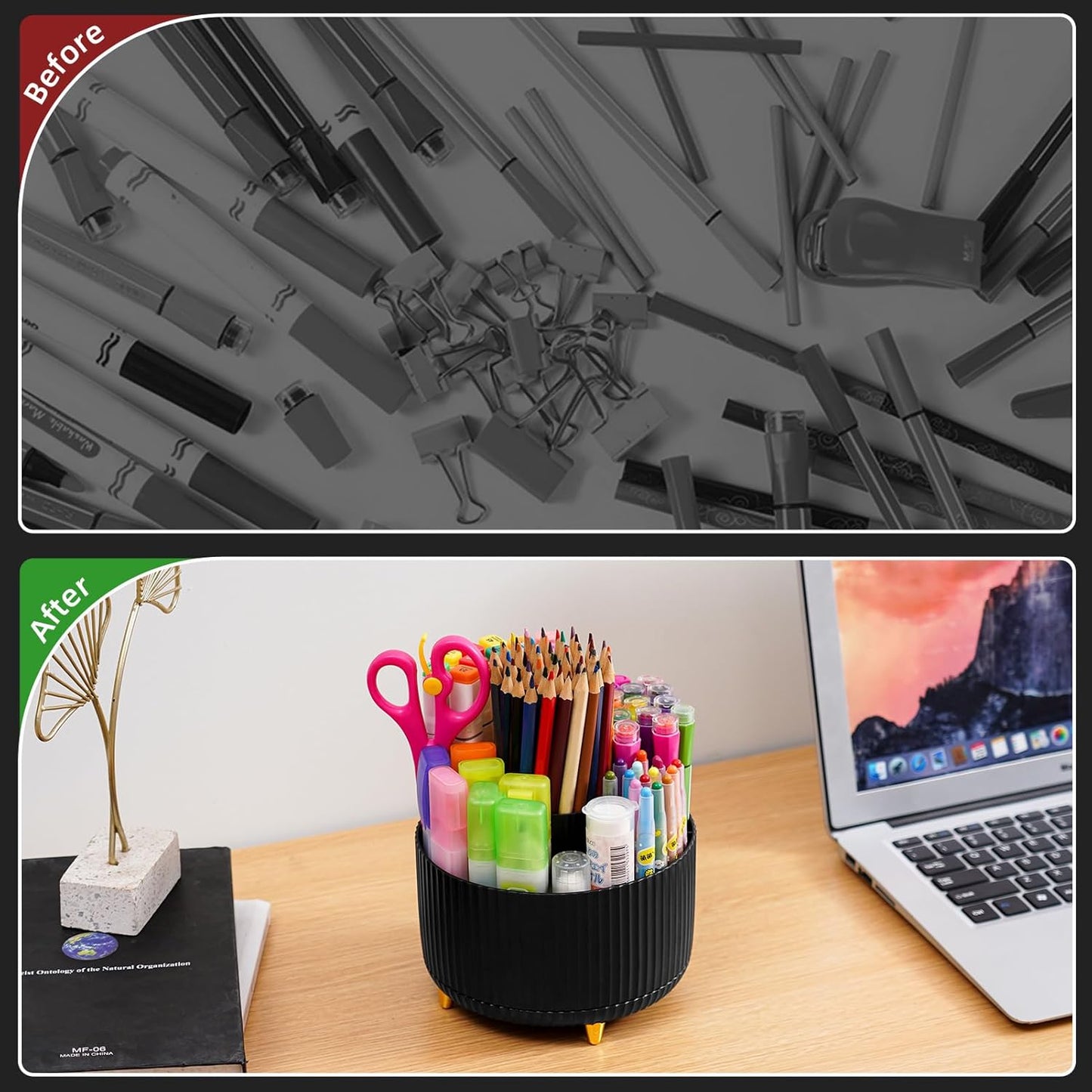Marbrasse Desk Organizer, 360-Degree Rotating Pen Holder, Desk Organizers and Accessories with 5 Compartments Pencil Holder, Art Supply Storage Box Caddy for Office, Home（White）