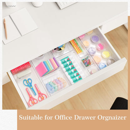 12 Pack Large Clear Plastic Drawer Organizer Set, Acrylic Bathroom Organizer Vanity Trays Dividers, Kitchen Organizers and Storage, Non-Slip Storage Bins for Makeup, Snacks, Office, Desk, Fridge