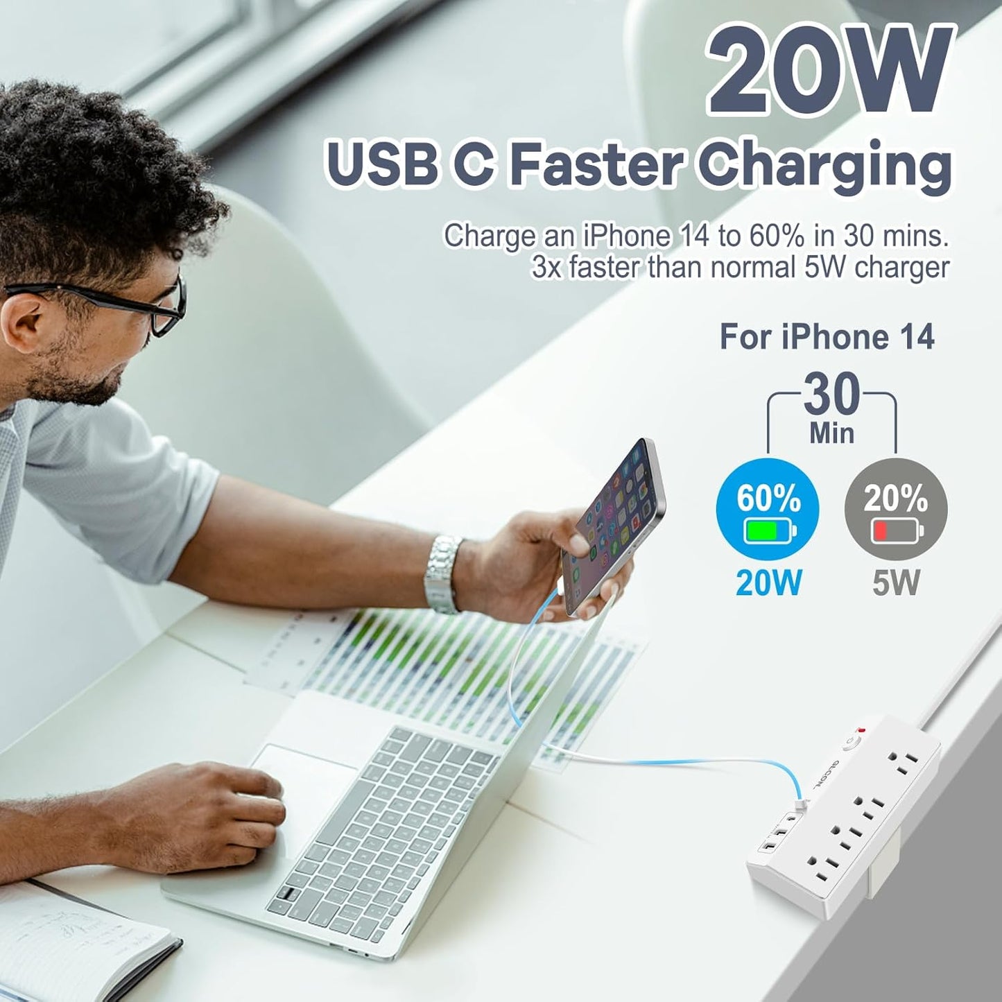 Desk Clamp Power Strip USB C - Charging Station for Multiple Devices - Multi Plug Outlet Extender - Desktop Mount Surge Protector with 4 Outlets 4 USB Ports for Phone, Tablet, Computer