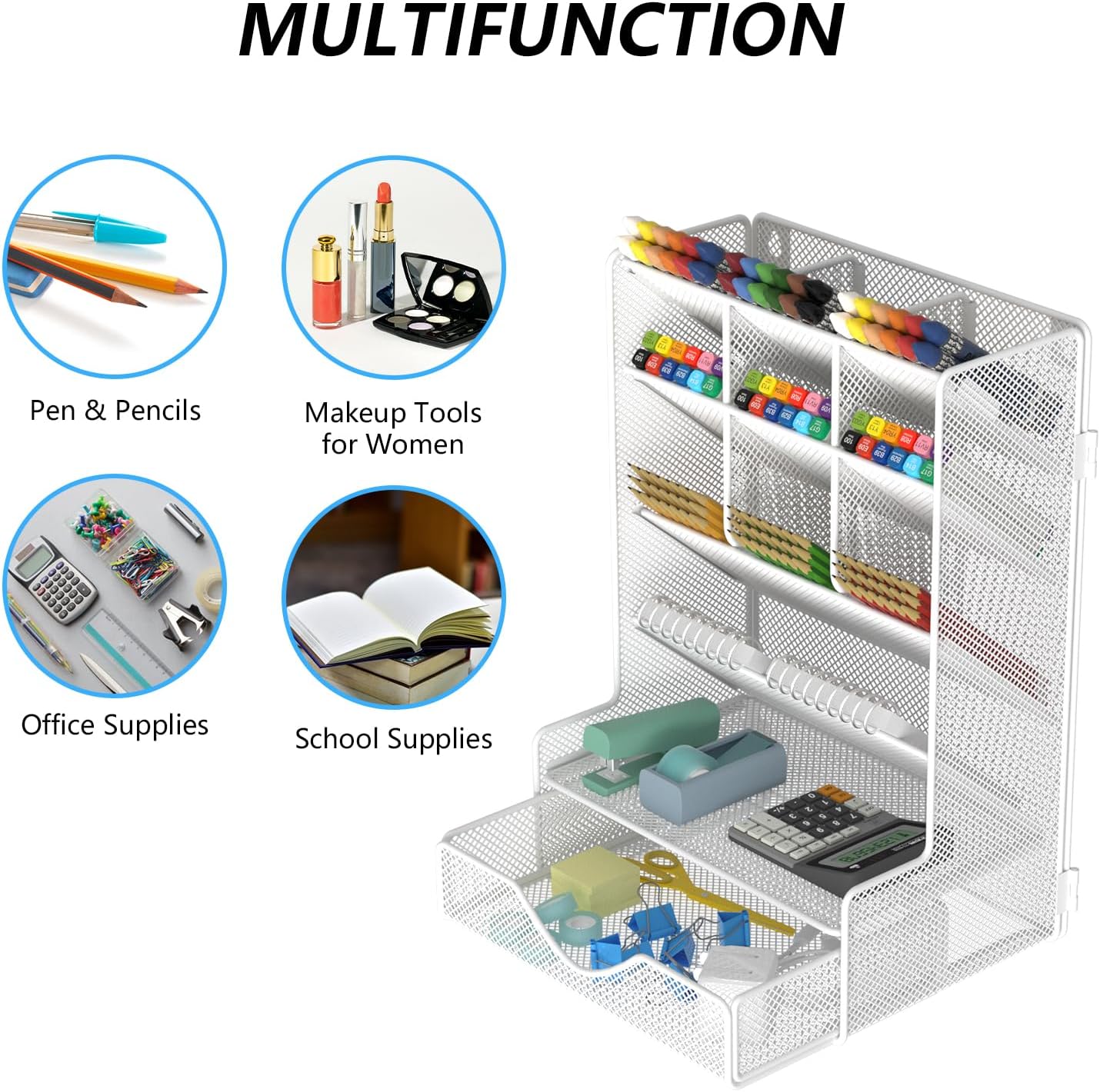 BOHDK Pen Organizer for Desk, Multi-Functional Desk Organizer, Wall Mount Pen Holder with Drawer for School, Office, Home, Art Supplies, Black