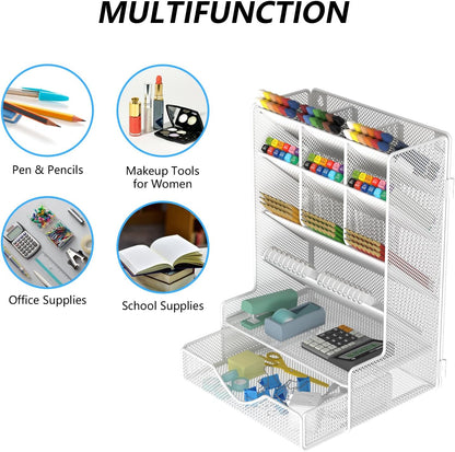 BOHDK Pen Organizer for Desk, Multi-Functional Desk Organizer, Wall Mount Pen Holder with Drawer for School, Office, Home, Art Supplies, Black