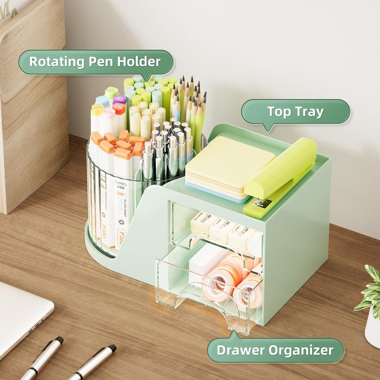 Marbrasse Desk Organizer with 2 Drawer, 360°Rotating Pen Holder, Desk Organizers and Accessories with 6 Slots Pencil Organizer + 2 Drawer, Art Supply Storage Box Caddy for Office (White)