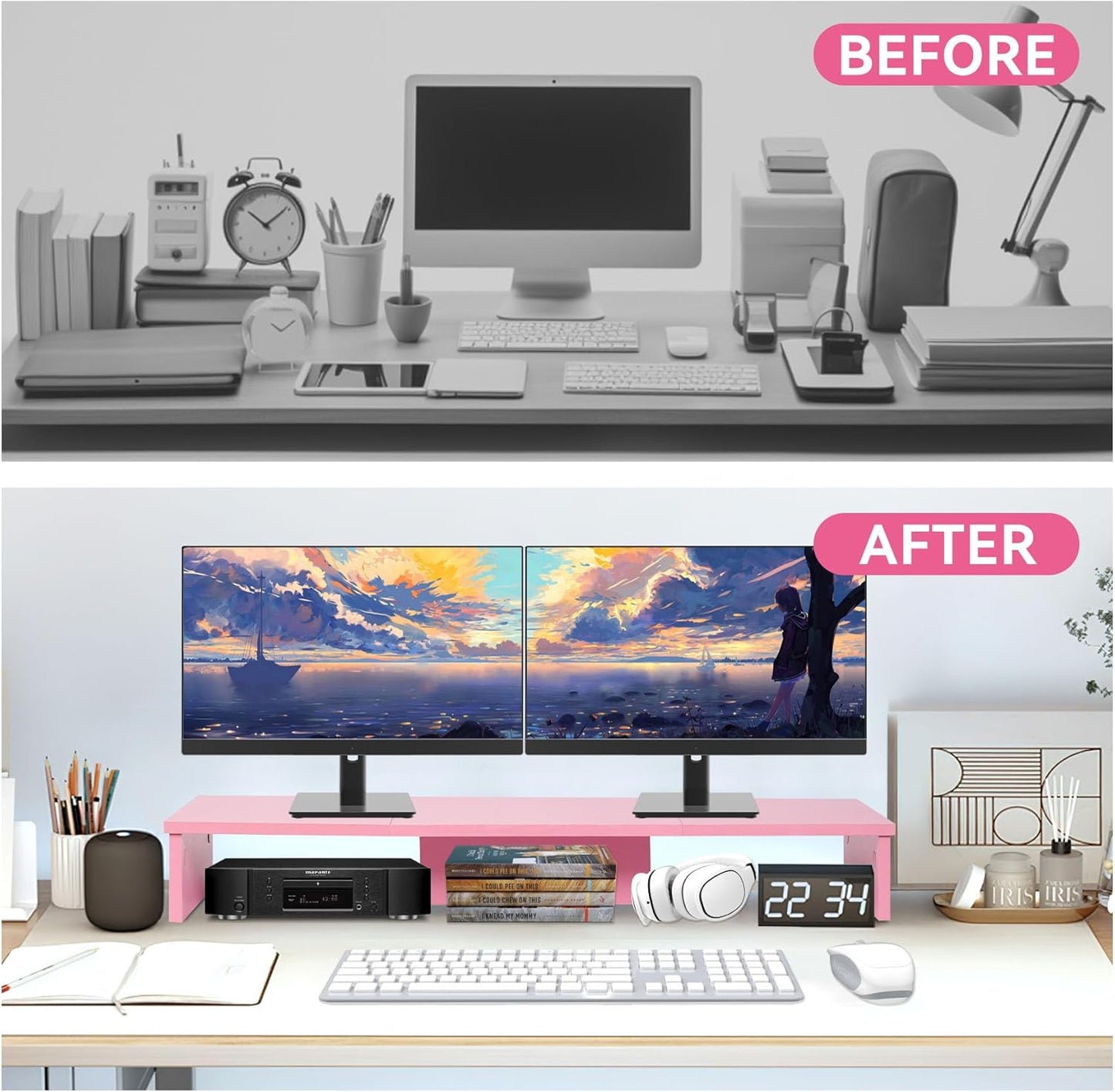 Qupui Computer Monitor Stand Riser with Drawer and Pen Holders, Desk Organizer Shelf and Accessories, Office Desk Accessories, Office Organization, Black