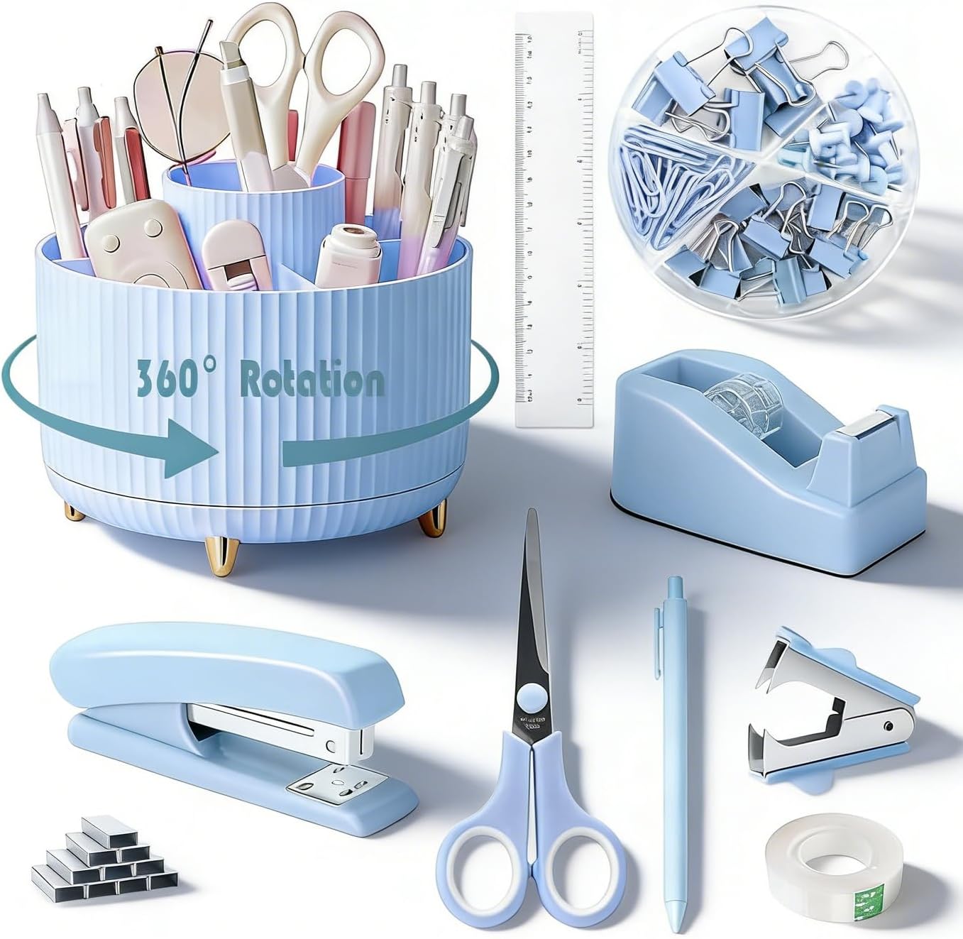 Gawsey Gold Desk Organizers and Accessories Set with 360-Degree Rotating Pen Holder, Acrylic Stapler, Tape Holder, Staple Remover, Binder/Paper Clips Kit, Scissor and 1 Box of Staples