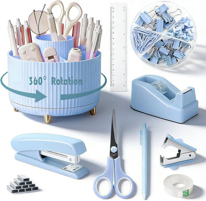 Gawsey Gold Desk Organizers and Accessories Set with 360-Degree Rotating Pen Holder, Acrylic Stapler, Tape Holder, Staple Remover, Binder/Paper Clips Kit, Scissor and 1 Box of Staples