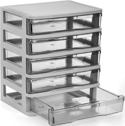 DEAYOU 5 Drawer Desktop Storage Bin Unit, Small Plastic Organizer, White Frame with Clear Drawer, Mini Container Case for Desk, Storing Craft, Accessory, Stationery