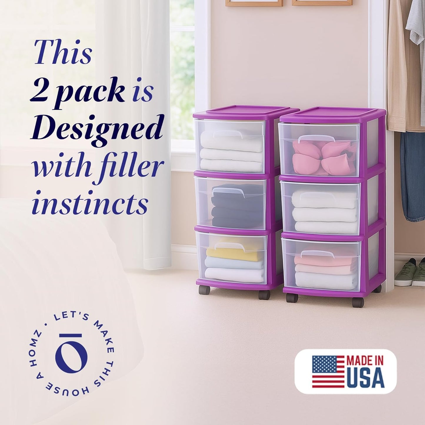 HOMZ Drawer Tower, 3-Tier Rolling Storage Cart with Removable Wheels, White Frame – Plastic Organizer with Clear Bin Drawers for Bedroom, Bathroom, Home Office, and Dorm Room