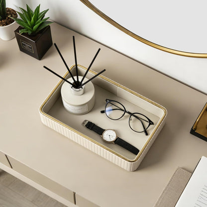 PU Leather Valet Tray,Desk Organizer Tray Nightstand Organizer Trinket Dish Storage Key Bowl Decorative Trays for Phone Wallet Jewelry Watch,Bathroom Bedroom Perfume Vanity Trays,Cream White