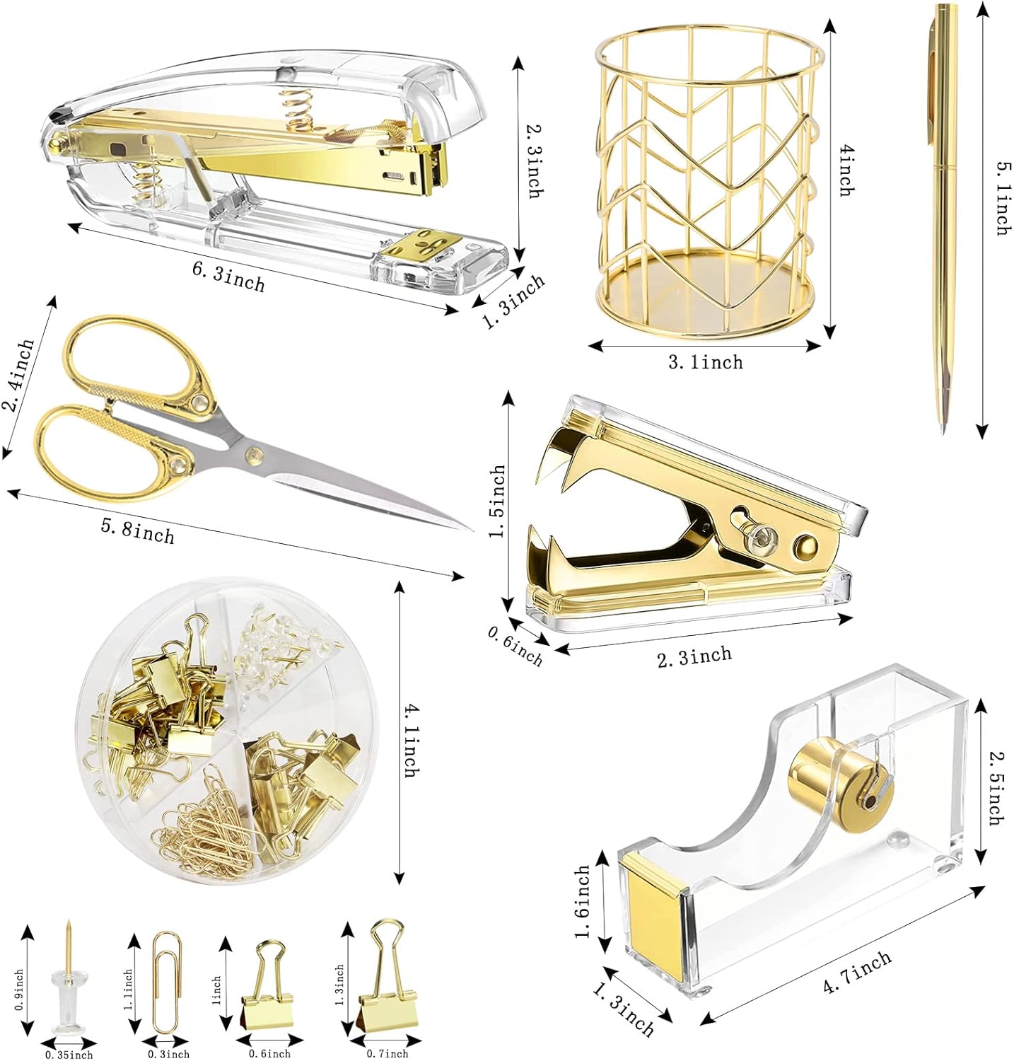 Famassi Rose Gold Desk Accessories，Office Supplies Set Acrylic Stapler Set Staple Remover, Tape Holder, 2 Ballpoint Pen, Scissor, Binder/Paper Clips and 1000pcs Staples.