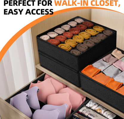 Criusia 6 Pack Large Drawer Organizer for Sock Underwear - Washable Heavy Duty Fabric Closet Organizers and Storage Bins - 90 Cells Dresser Organizer Divider for Baby Clothes, Ties, Belt (Grey)