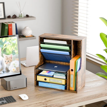 Simple Trending 7 Tier Desk File Organizer, Wooden Letter Tray Paper Organizer with Adjustable File Holder, Mesh Desktop Organizer and Storage for Office Supplies