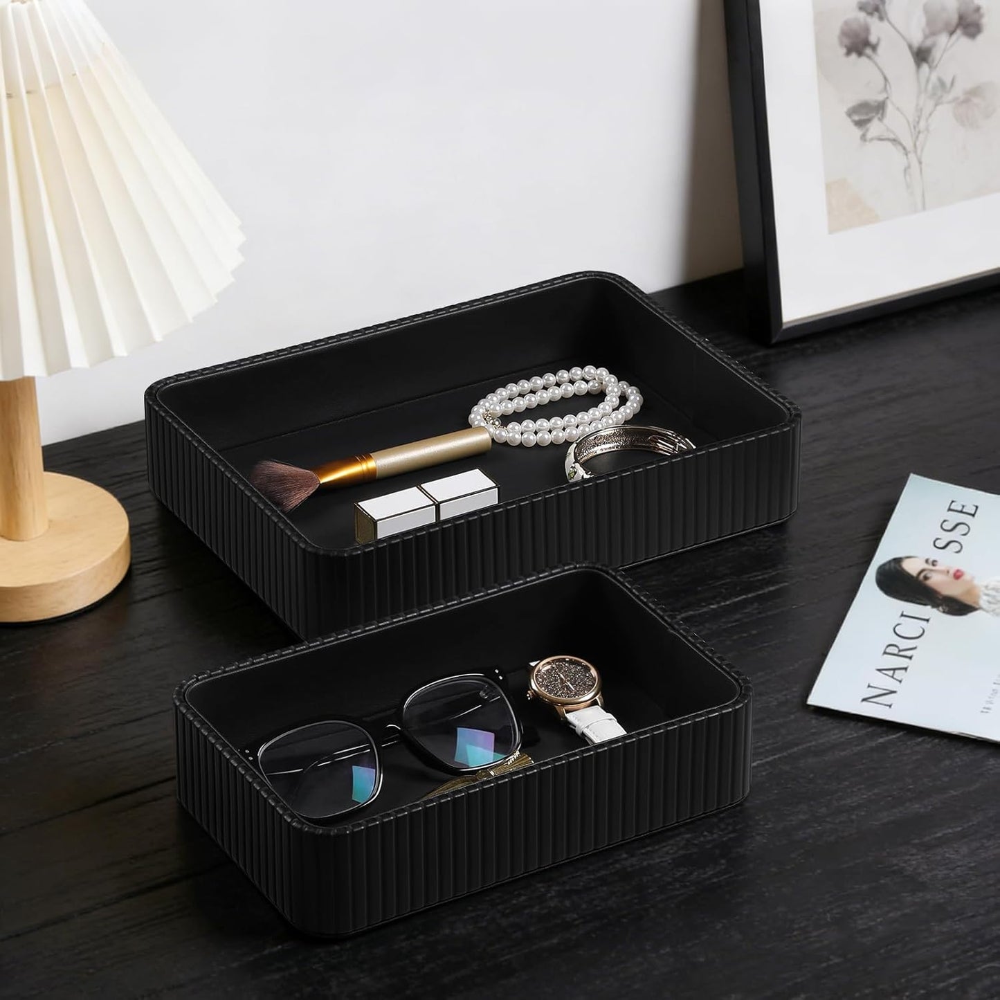 Desk Organizer Tray, PU Leather Nightstand Organizer Perfume Valet Tray for Men Women, Decorative Vanity Trays Trinket Dish Key Bowl for Entryway Table (2pcs, Ivory, Large+Small)