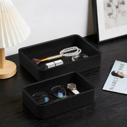 Desk Organizer Tray, PU Leather Nightstand Organizer Perfume Valet Tray for Men Women, Decorative Vanity Trays Trinket Dish Key Bowl for Entryway Table (2pcs, Ivory, Large+Small)