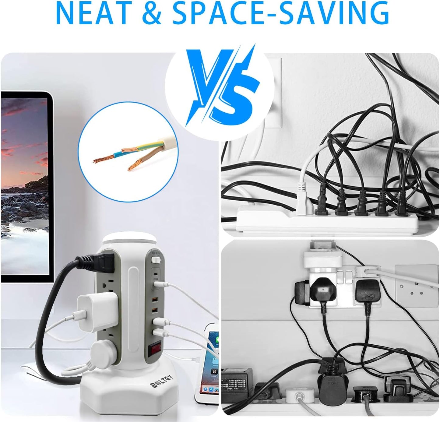 Flat Plug Total Fast Charging Station, Protector with 15 AC Outlets and 6 USB Ports (2 Fast Charge), Tower Surge Protector Power Strip, 6.5FT Extension Cord for Home Office Dorm Room.