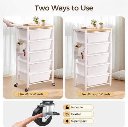 Rolling Cart with 3 Drawers, Plastic Drawer Storage Carts with Lockable Wheels & Wooden Tabletop, Metal Utility Cart Organizer, Office Bedroom Classroom Craft Organization and Storage, Bright White
