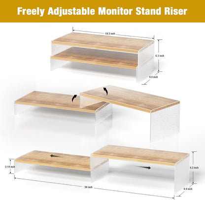 YGYQZ Adjustable Monitor Stand Riser with Acrylic Legs丨7.67" Wide Dual Monitor Stand for Desk丨2-Tier Wood Desktop Organizer for Computer, Laptop, Printer & PC丨Modern Aesthetic Desk Shelf(wood-flat)