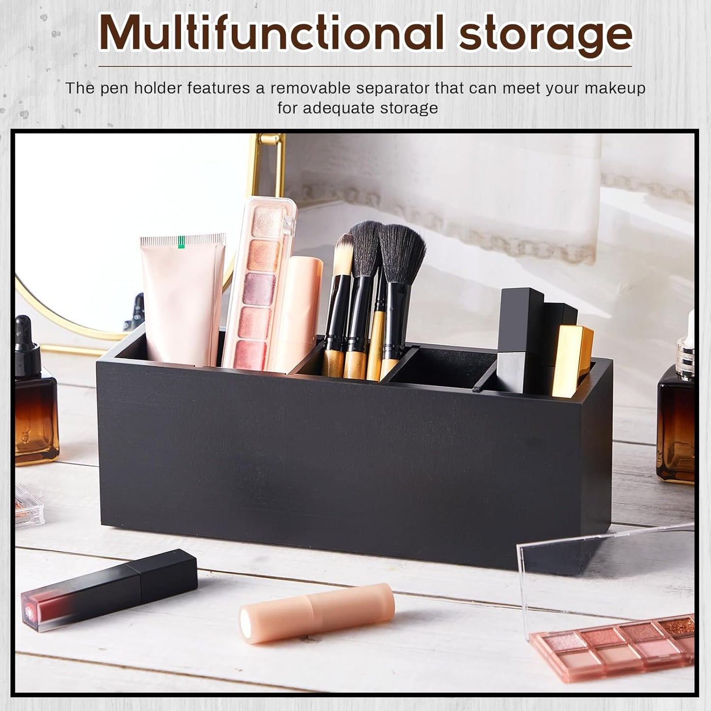 Jetec Wooden Pencil Holder 5 Compartments for Desk Adjustable Pen Holder Wood Office Desk Organizers and Accessories Makeup Brush Organizer for Pen, Home, Office and Art Supplies (White)
