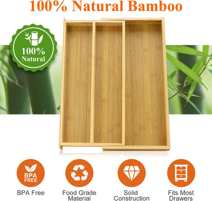Large Bamboo Silverware Drawer Organizer Tray Kitchen Tool Drawer Divider Organizers Storage Expandable Cooking Utensil Organizer Wooden Cutlery Tray Spoon Flatware Organizers Utensil Holder Drawers