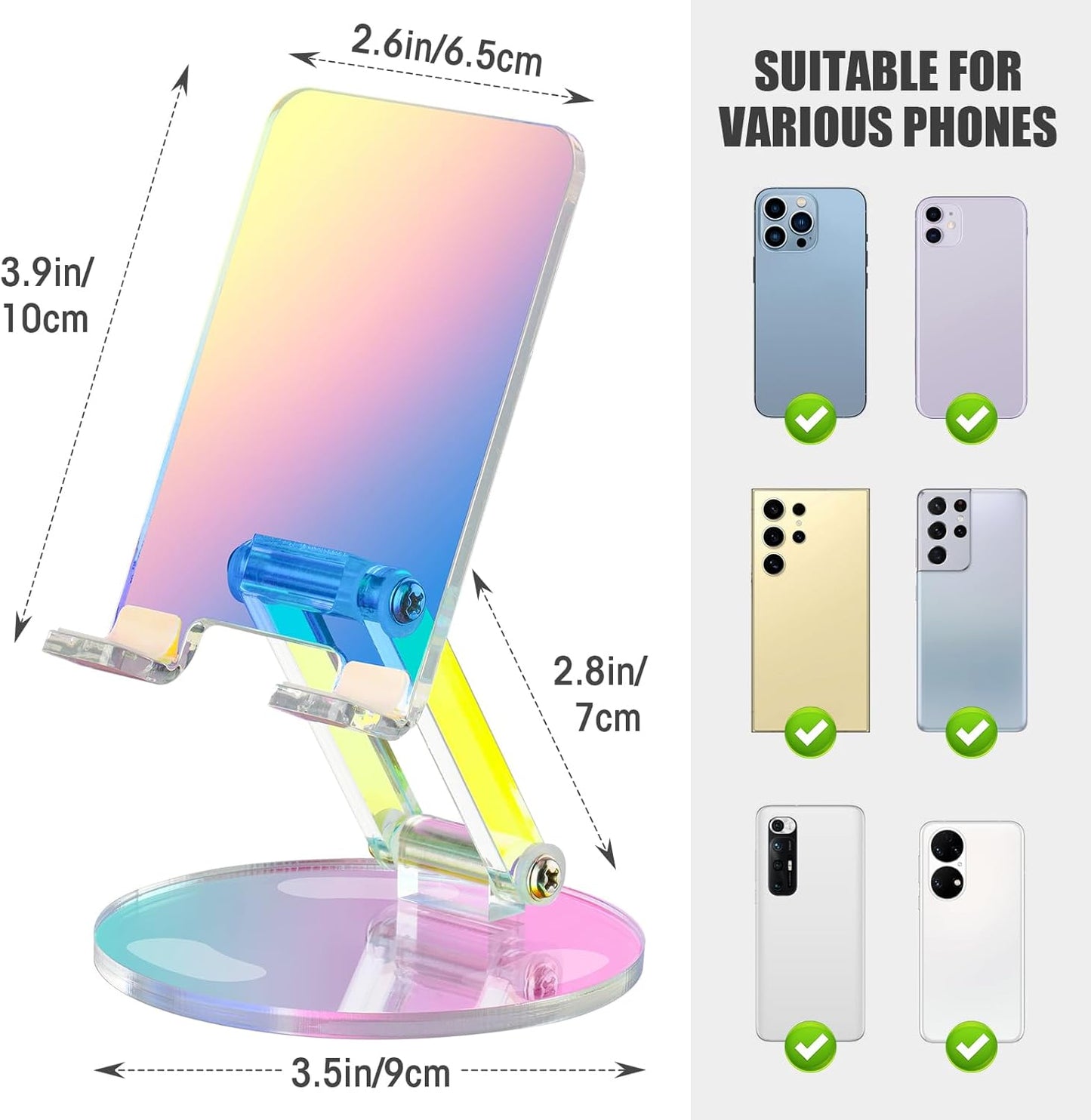 Tomorotec Iridescent Acrylic Cell Phone Stand, Portable Phone Holder for Desk Non-Slip Desktop Smartphones Holder Compatible with iPhone Samsung Galaxy Pixel Phone Cradle Dock Home Office