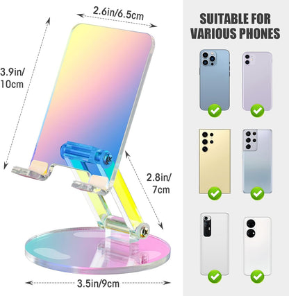 Tomorotec Iridescent Acrylic Cell Phone Stand, Portable Phone Holder for Desk Non-Slip Desktop Smartphones Holder Compatible with iPhone Samsung Galaxy Pixel Phone Cradle Dock Home Office