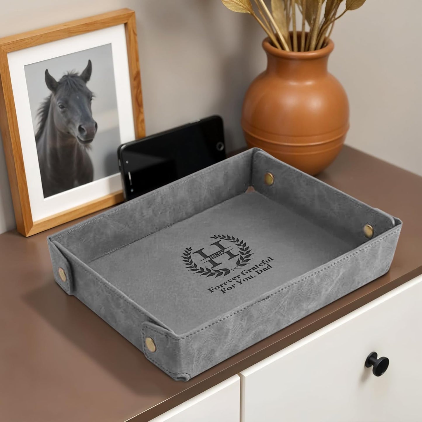 Engraved Leather Valet Tray for Men – Personalized Catchall with Custom Name for Desk, Dresser, Nightstand – Men's Organizer Tray for Keys, Wallet, Jewelry, Personalized Gift for Home, Office - Coffee