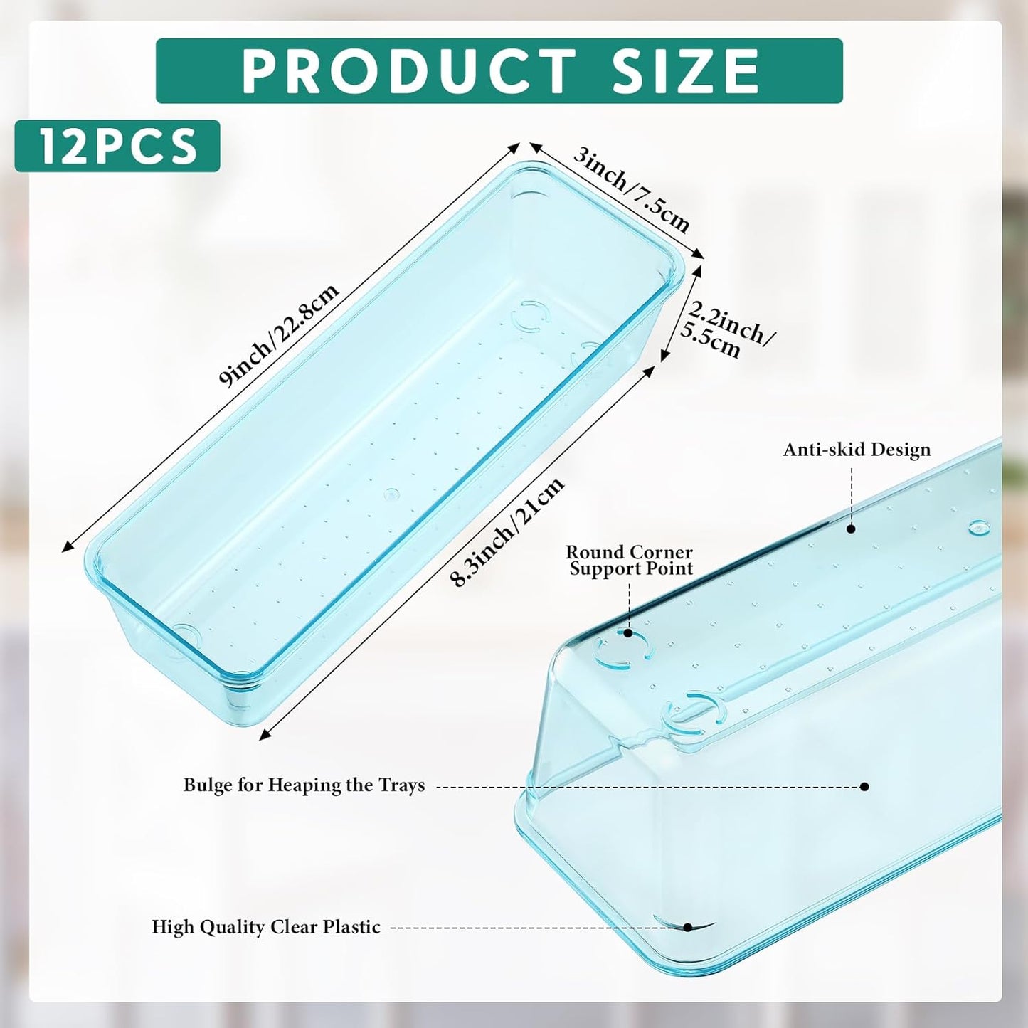 Maitys 12 Pcs Clear Drawer Organizer 9 x 3 x 2 Inches Plastic Rectangle Trays Makeup Vanity Storage Bins and Kitchen Drawers Dividers for Office Desk Silverware Kitchen Utensils(Clear)