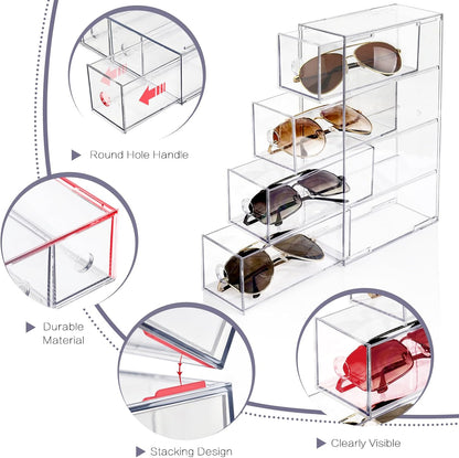 Desk Organizer with 4 Drawers, FODIENS Stackable Desktop Storage Box with Removable Drawer, Clear Sunglasses Organizer Display Case for Stationery Marker Pens Eyeglasses Office Supply