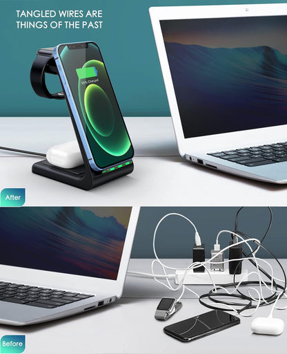 3 in 1 Wireless Charging Station, 2026 Upgraded Fast Desk Charger Station for iPhone 17 16 15 14 13 12 Pro Max Plus, Charger Stand for Apple Watch 10 9 8 7 6 5 4 3 2 SE, Airpods 4 3 2 Pro(Black)