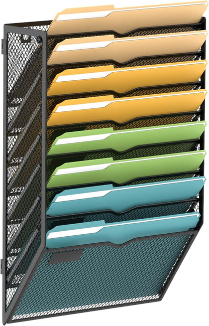 SUPEASY 5 Tier Wall File Organizer, Hanging Wall Mounted Mail Organizer with Label Slots, Metal Mesh File Holder Magazine Rack for Office, Home, School or Classroom, Black