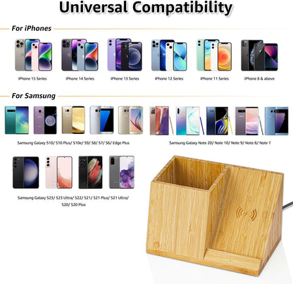 OhM-ega Bamboo Desk Organizer with Wireless Charing, Home Office Organizers for Desk, Wireless Charging Station with Pen Holder, 10W Fast Wireless Charging, Compatible with iPhone and Pixel