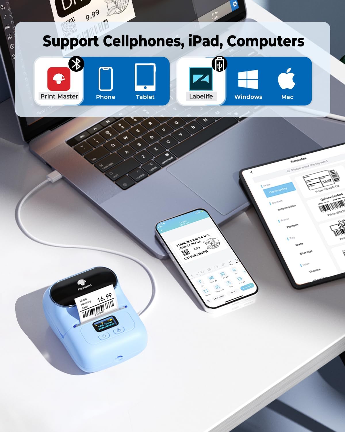 Phomemo Label Printer M110- Small Address Label Maker Bluetooth No Ink Portable for Small Business, Address, Office, Home for Phone; for PC/Mac(USB), with 100 Labels, Baby Pink