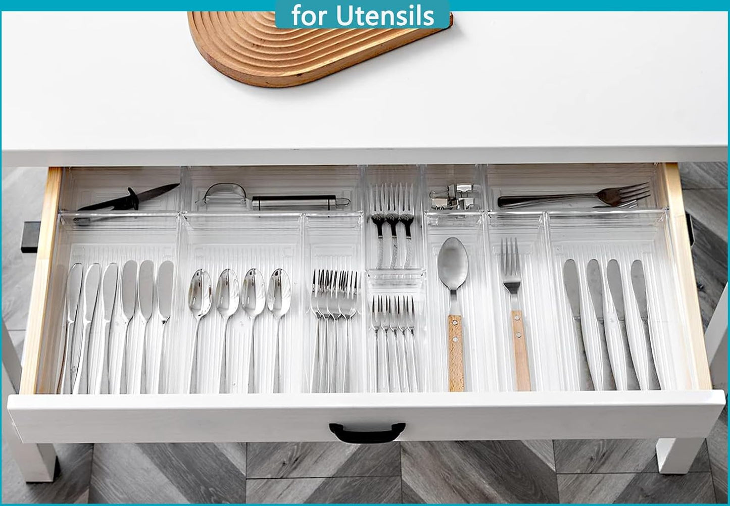 DCA 44 PCS Clear Drawer Organizers Set, 4 Size Versatile Bathroom and Vanity Organizer Trays, Cosmetic Display Cases for Makeup, Jewelries, Bedroom, Kitchen Utensils and Office