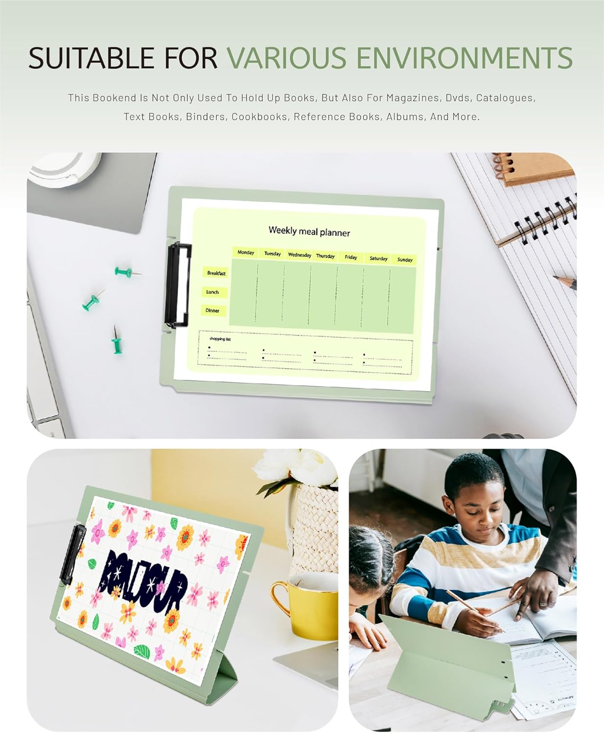 Free Standing Clipboard and Desktop Stand with Adjustable Buckles Easel Back - Foldable Stand and Document Holder for School, Office and Business Use (9.37 x 12.6 inches) (Light Green)