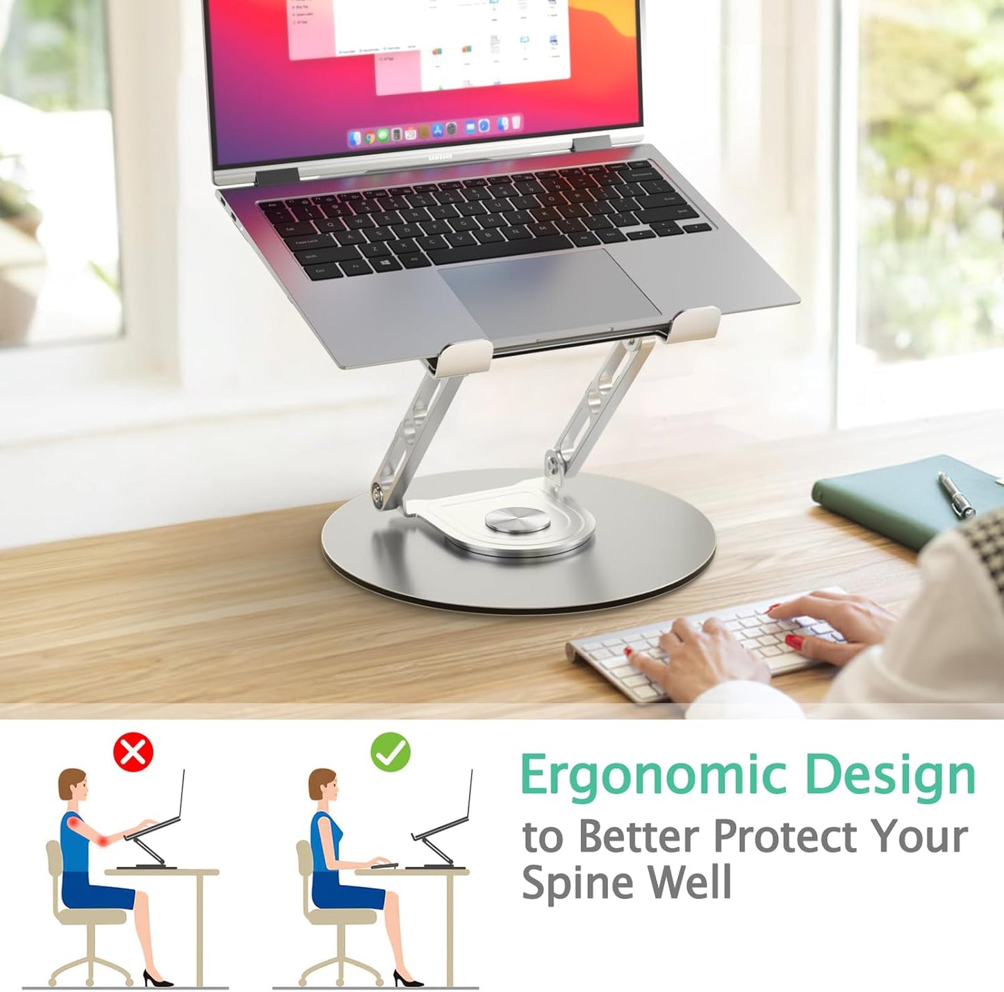 Laptop Stand for Desk Adjustable Computer Stand with 360 Rotating Base Ergonomic Laptop Riser Mount for Desk Foldable Protable Computer Desk Fits with MacBook Pro Air, Round Black
