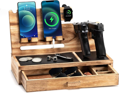 DGWJSU Phone Docking Station as Gifts for Men, Wood Pistol Rack As Nightstand Organizer for Gun Safe, Phone Charging Station as Gifts for Him Boyfriend Husband Father in Anniversary Birthday Christmas