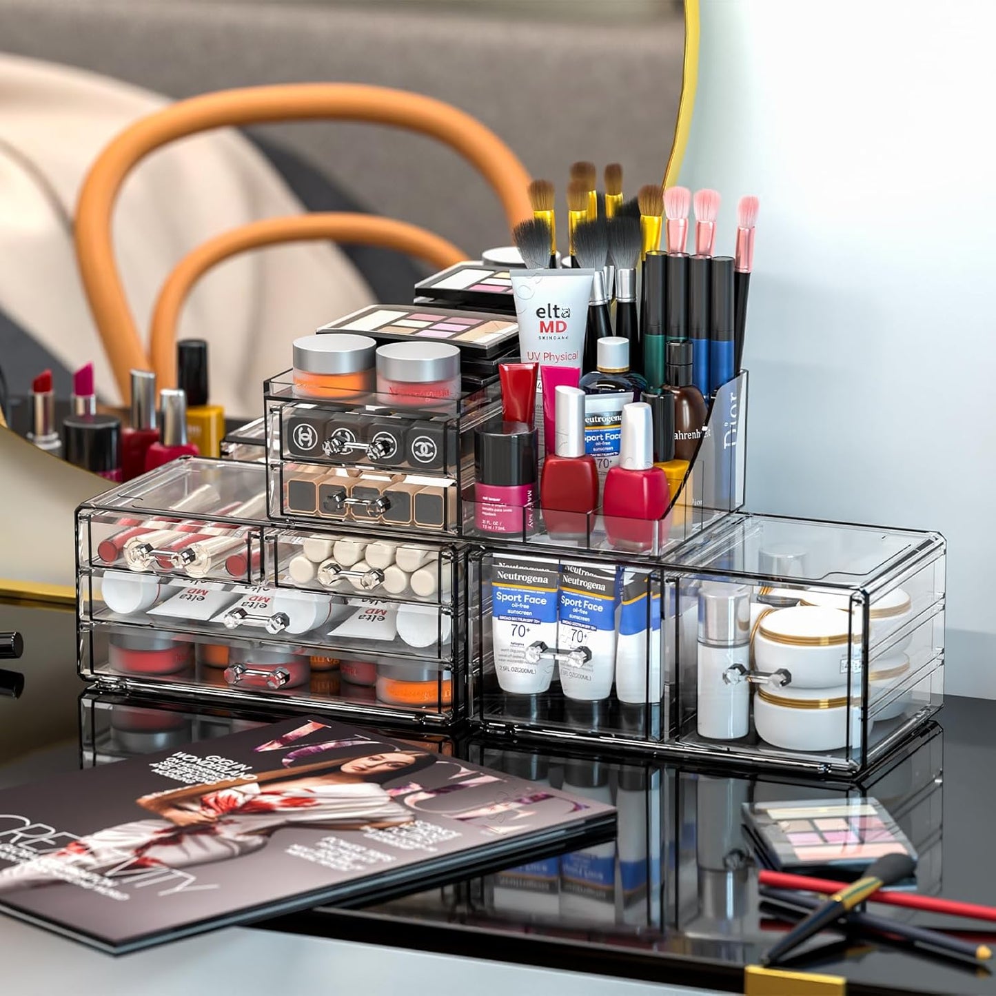 Cq acrylic Make Up Organizers for Vanity With 14 Drawers, 4 Pack Clear Drawer Organizers,Plastic Cute Desk Accessories Organization and Bathroom Organizers Storage Case Box Cube for Beauty,Skin Care