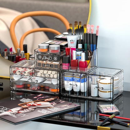 Cq acrylic Make Up Organizers for Vanity With 14 Drawers, 4 Pack Clear Drawer Organizers,Plastic Cute Desk Accessories Organization and Bathroom Organizers Storage Case Box Cube for Beauty,Skin Care