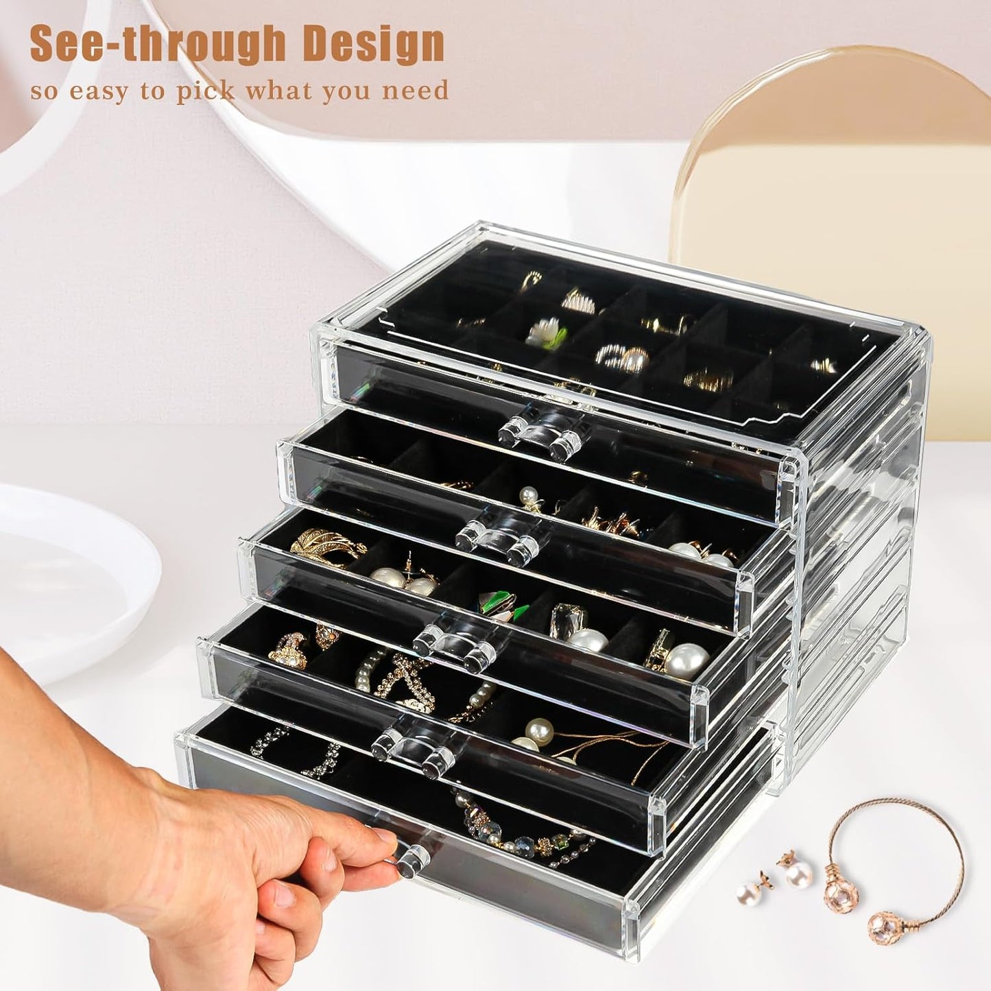 GUOER 5 Drawers Clear Jewelry Box for Women and Girls, Acrylic Earring Holder Organizer Ring Holder Display Storage, Mother's Day Warm White