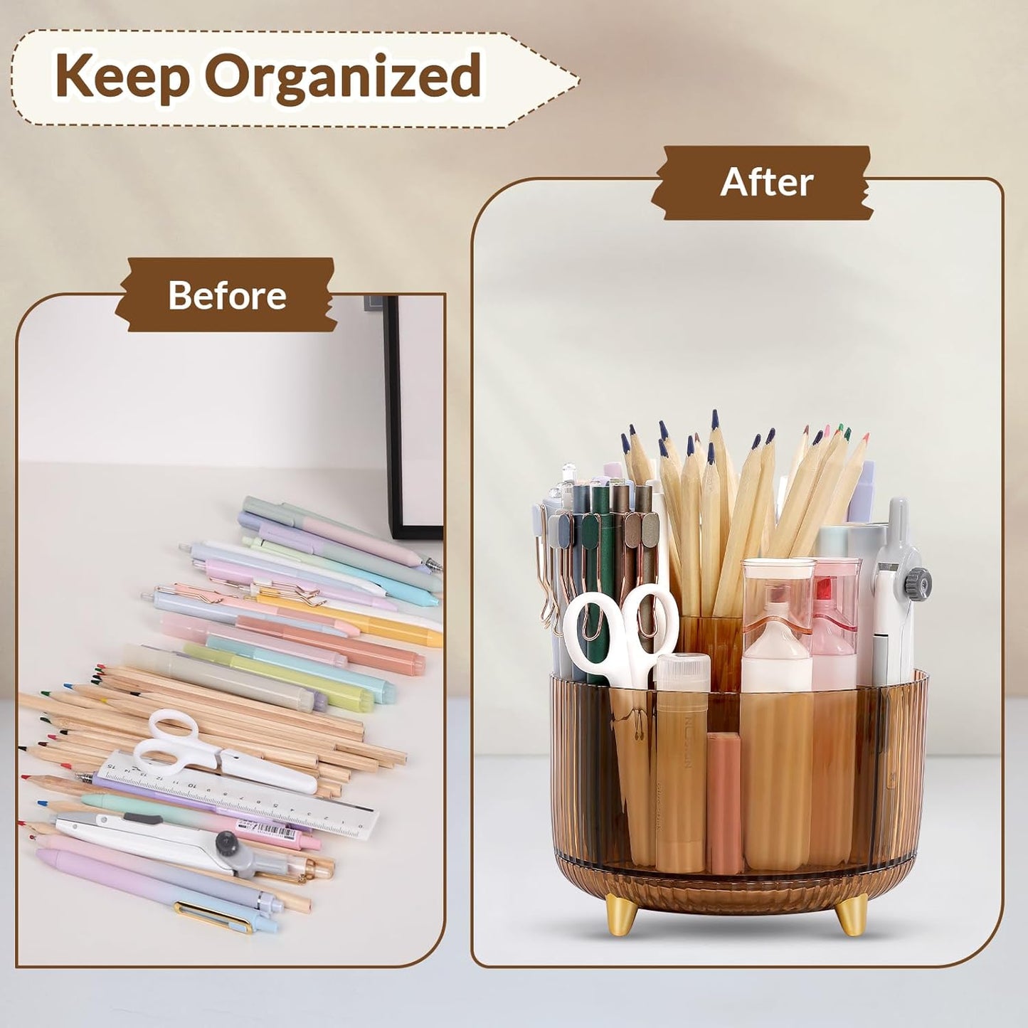SKYDUE Rotating Pencil Pen Holder, Pen Organizer with 5 Slots - Aesthetic Desk Organizer and Accessories for School, Home, Office Supplies