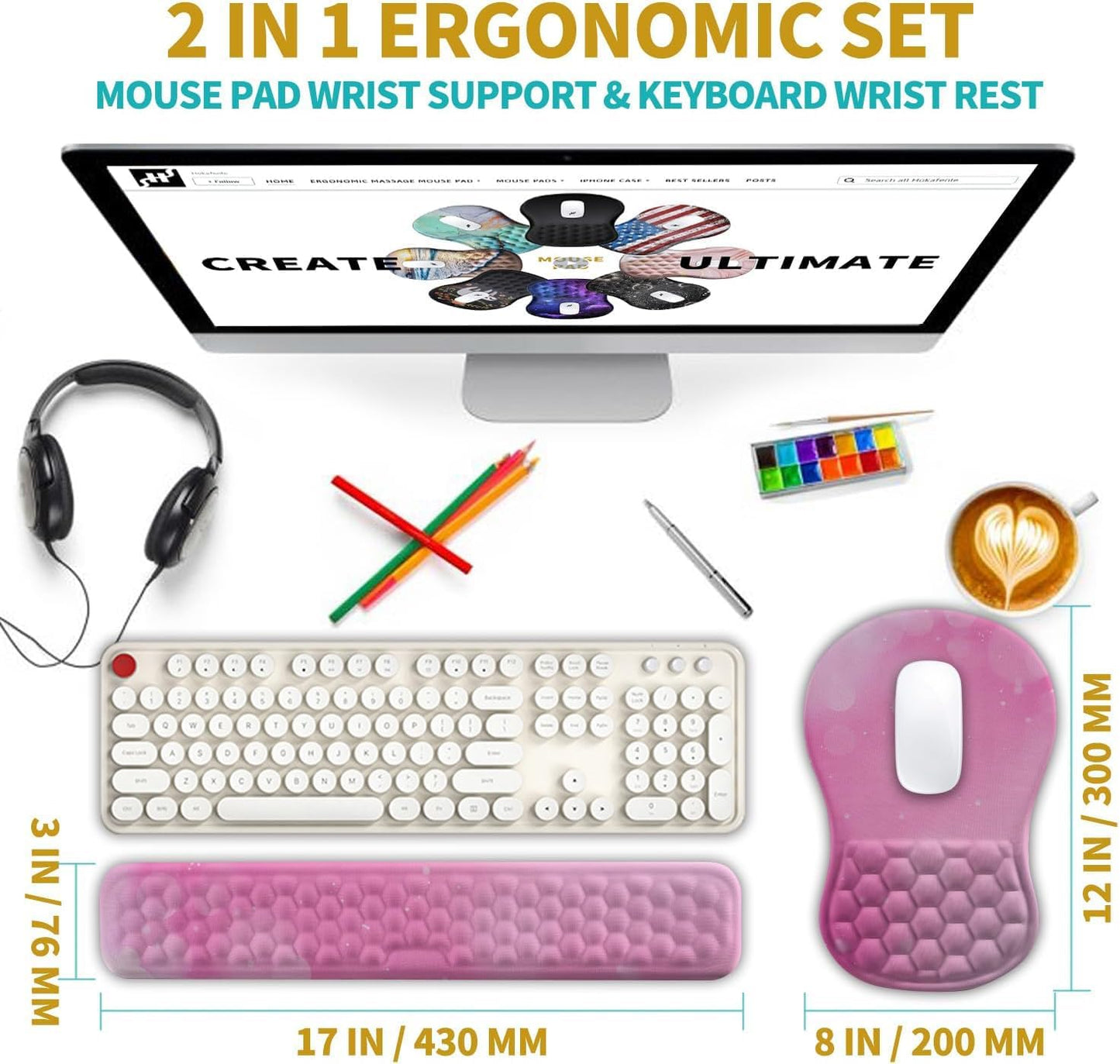 Hokafenle 2 in 1 Ergonomic Mouse Pad Wrist Support & Wrist Rest for Computer Keyboard Set, with Relieve Carpal Tunnel Pain Massage Bulge and Full Memory Gel Design (2In1 Set, Light Green)