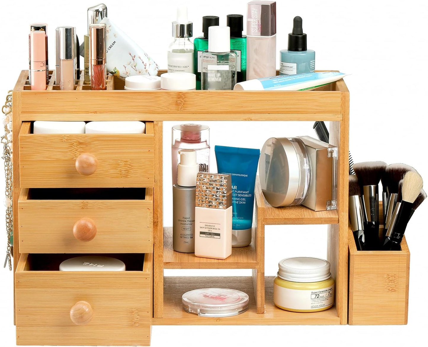 Elsjoy Large Countertop Bamboo Makeup Organizer with 3 Drawers, 12-Grid Lipstick Holder, Jewelry Hanging Hooks, Makeup Brush Holder, Desktop Wood Cosmetic Organizer Stand for Vanity