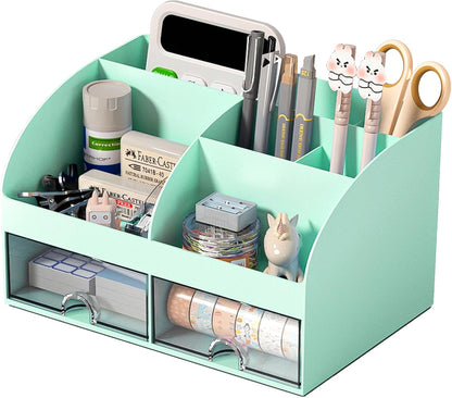 COMFYROOM Desk Organizer with 6 Compartments and 2 Drawers, Plastic Makeup Organizer, Pen Holder for Desktop Storage, Desk Organization for School, Home, Office Supplies (White)
