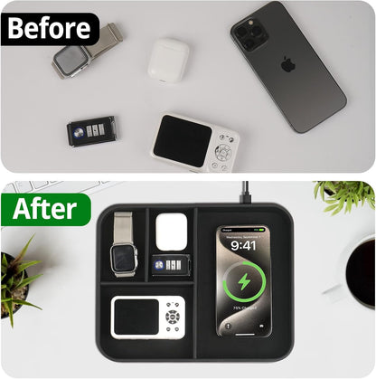 VOVIPO Birthday Gifts Bedside Organiser-Faux Leather Valet Tray With Wireless Charger For Phone And Earbuds,Nightstand Organizer,Mens Jewelry Box,Office Desk Organizers