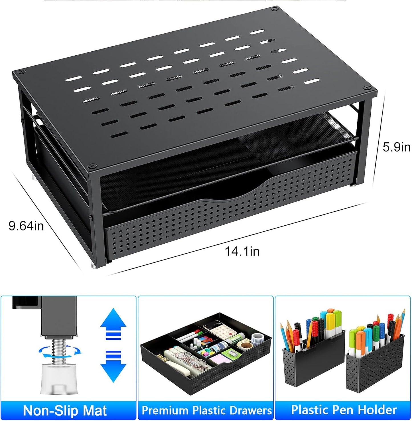 gianotter Wood Monitor Stand Riser, Office Desk Shelf Organizer, Desk Organizer with Drawer and Pen Holder, 2-Tier Computer Stand, Office Organization (Ink)