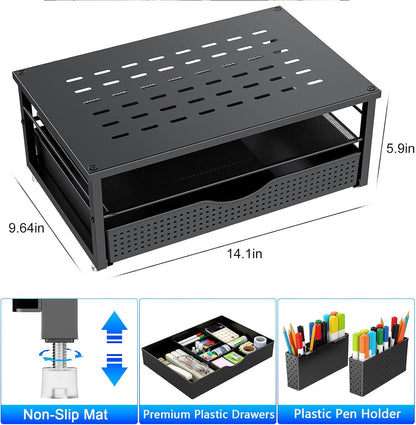 gianotter Wood Monitor Stand Riser, Office Desk Shelf Organizer, Desk Organizer with Drawer and Pen Holder, 2-Tier Computer Stand, Office Organization (Ink)