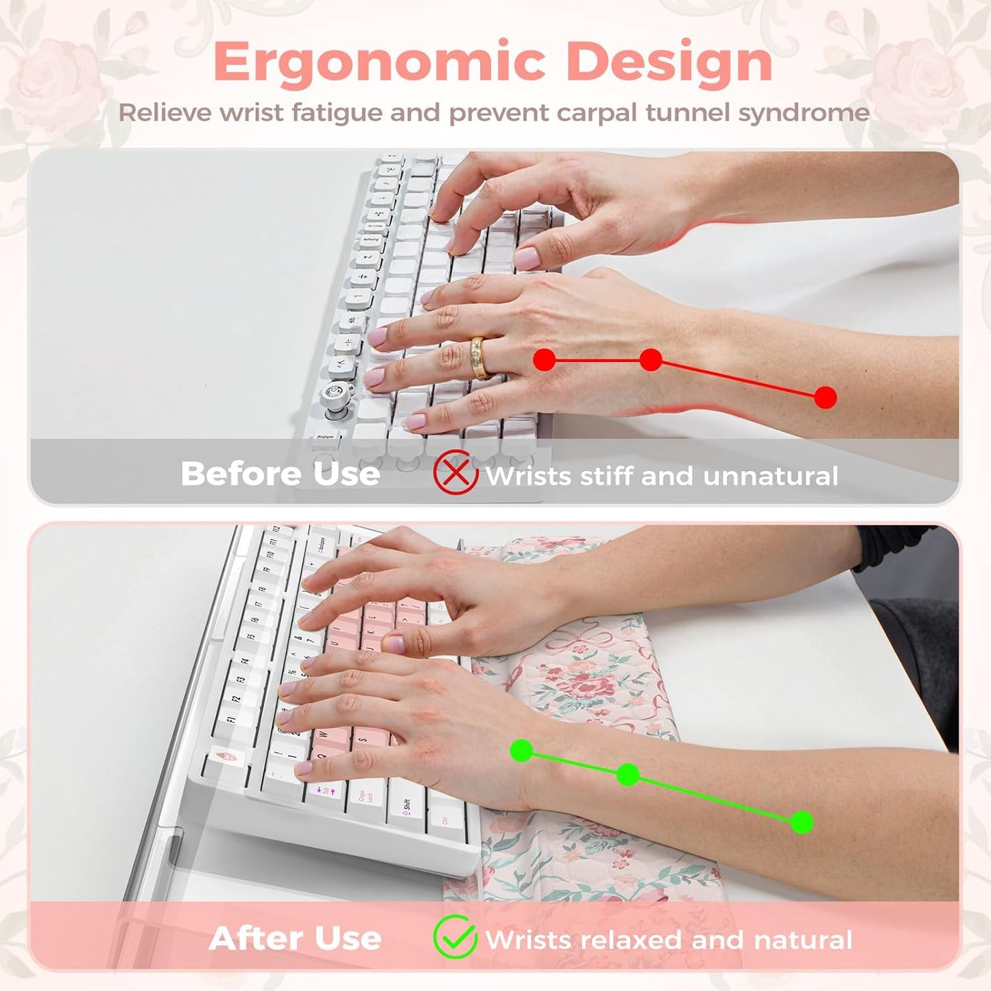 2 in 1 Keyboard Stand for Desktop, Floral Wrist Support for Keyboards, Anti-Fatigue Memory Foam Wrist Rest for Computer, 3-Angle Adjustable Keyboard Riser for Office Home (Pink Bow)