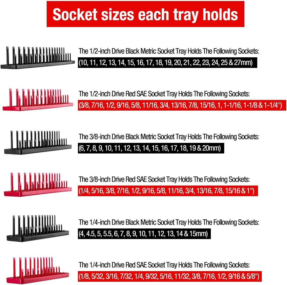 AIUITIO 6PCS Socket Organizer Tray Set, Red SAE & Black Metric Socket Storage Trays, 1/4-Inch, 3/8-Inch & 1/2-Inch Drive Deep and Shallow Socket Holders for Toolboxes