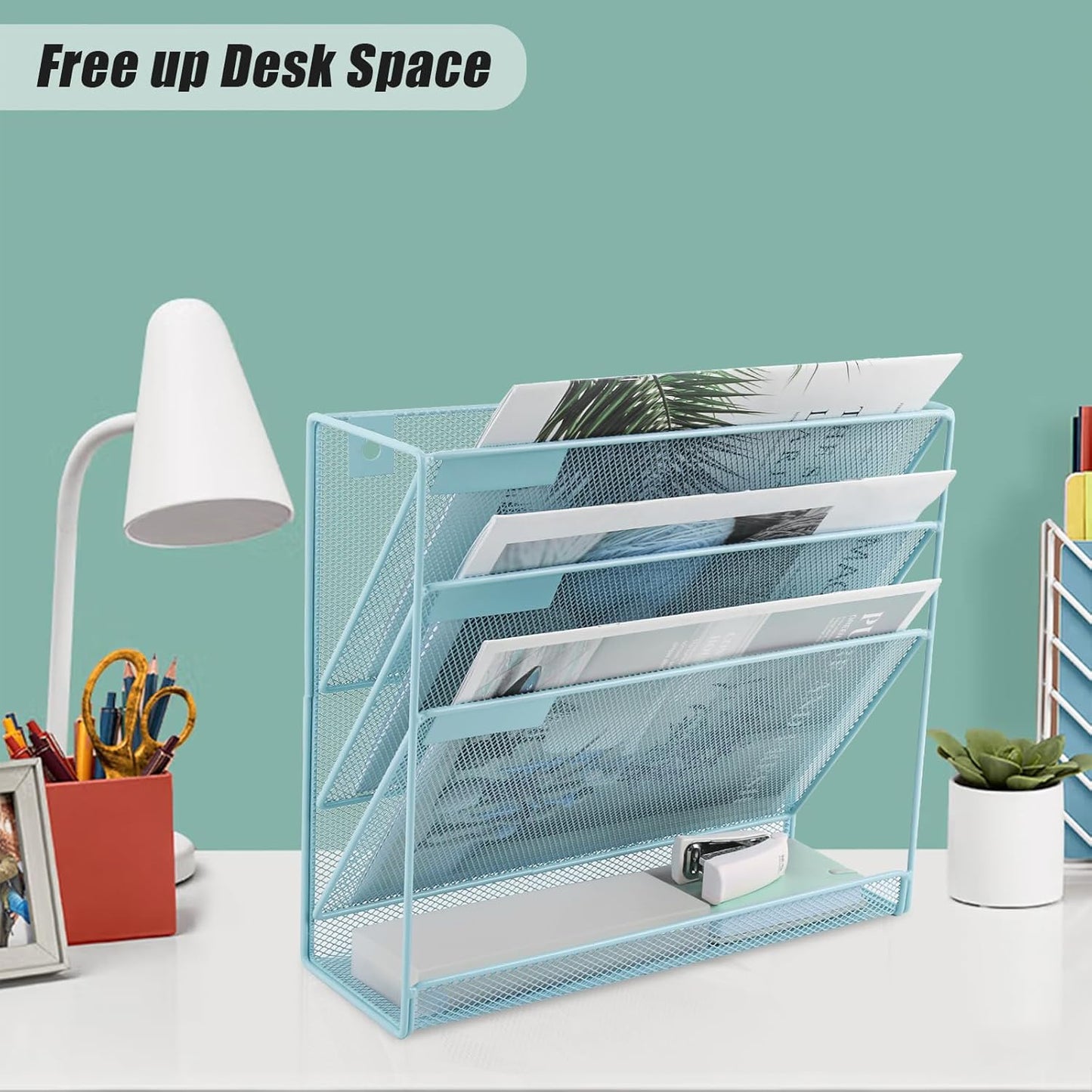 EASEPRES Desk File Organizer Mesh 6-Tier, Hanging Wall Mount Document Organization Stand, Desktop Vertical Mail Paper Folder Holder Rack with Bottom Tray for Office Home Cubicle Countertop, Black