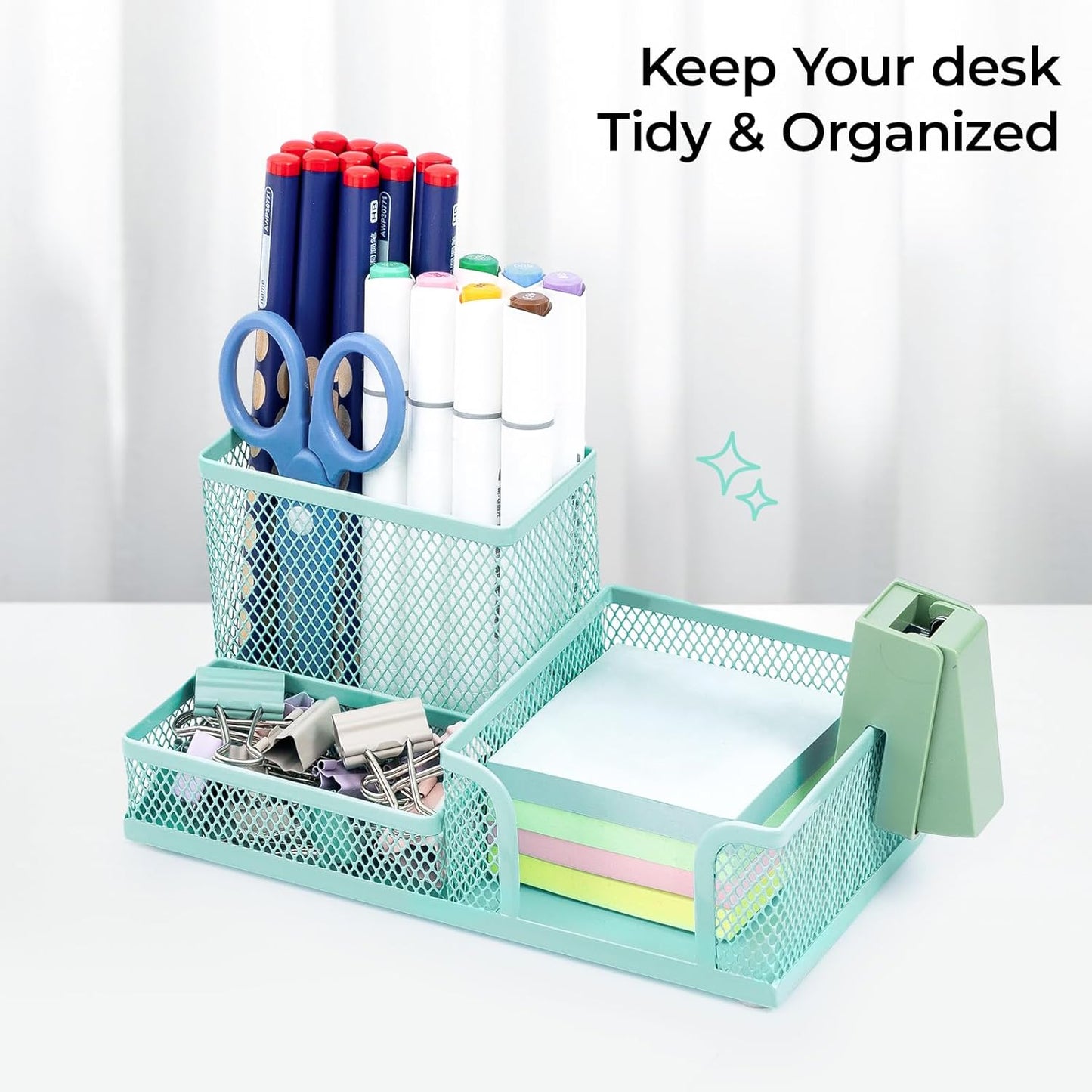 M&G Mesh Pen Holder Desk Organizers Pencil Holder for Desk Black, 3 Compartments Metal Office Supply Organizer with Sticky Notes Holder for School Home Office