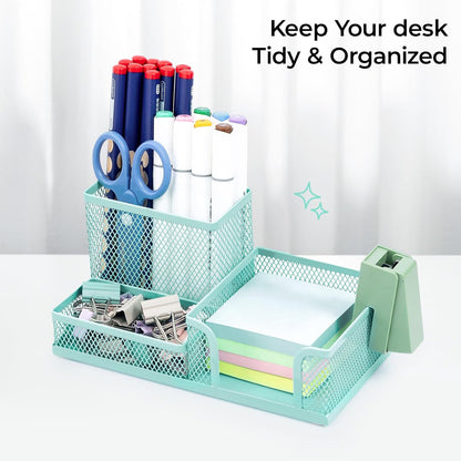 M&G Mesh Pen Holder Desk Organizers Pencil Holder for Desk Black, 3 Compartments Metal Office Supply Organizer with Sticky Notes Holder for School Home Office
